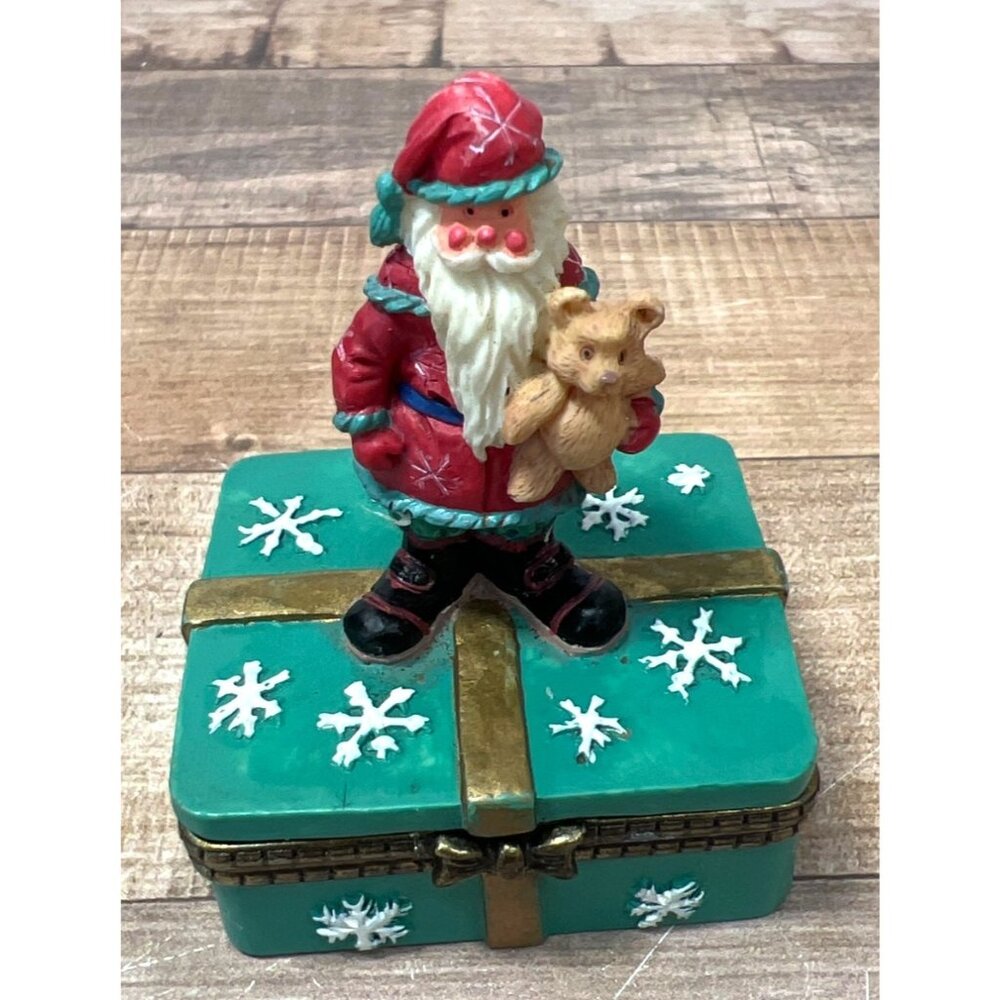Vintage Christmas Santa Claus Trinket Box With Gift Design & Snowflakes